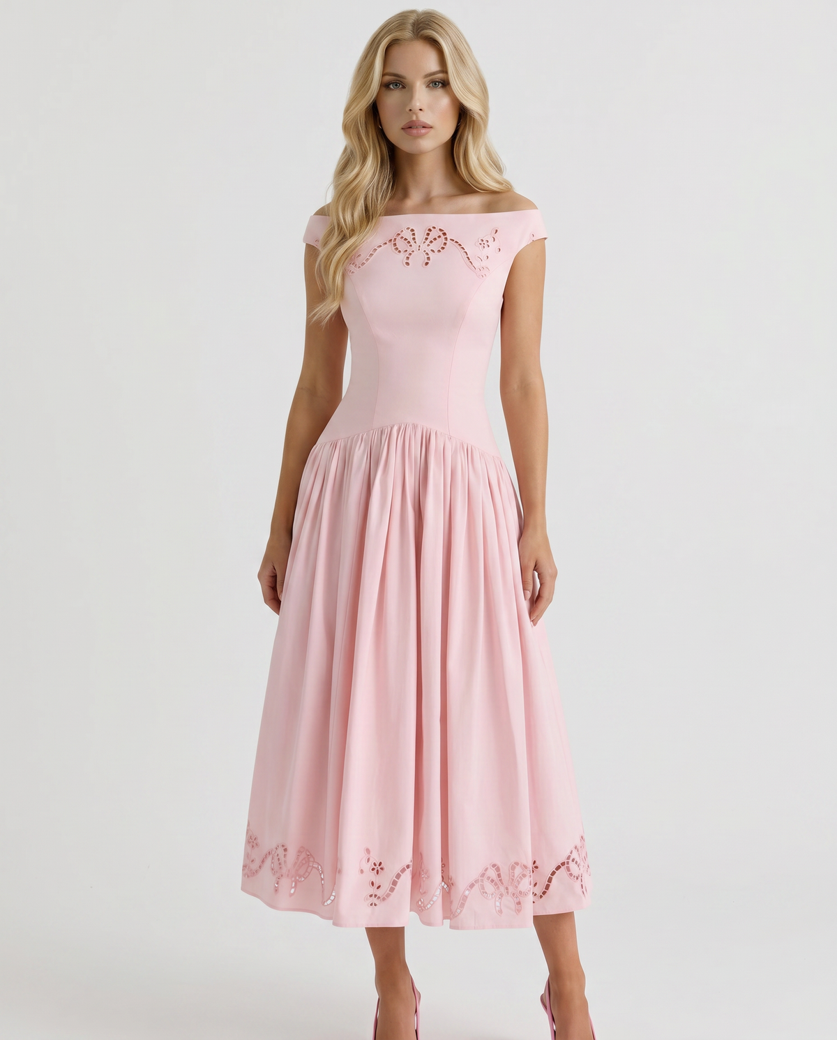 Orla Embroidered Boat Midi Dress - Pink