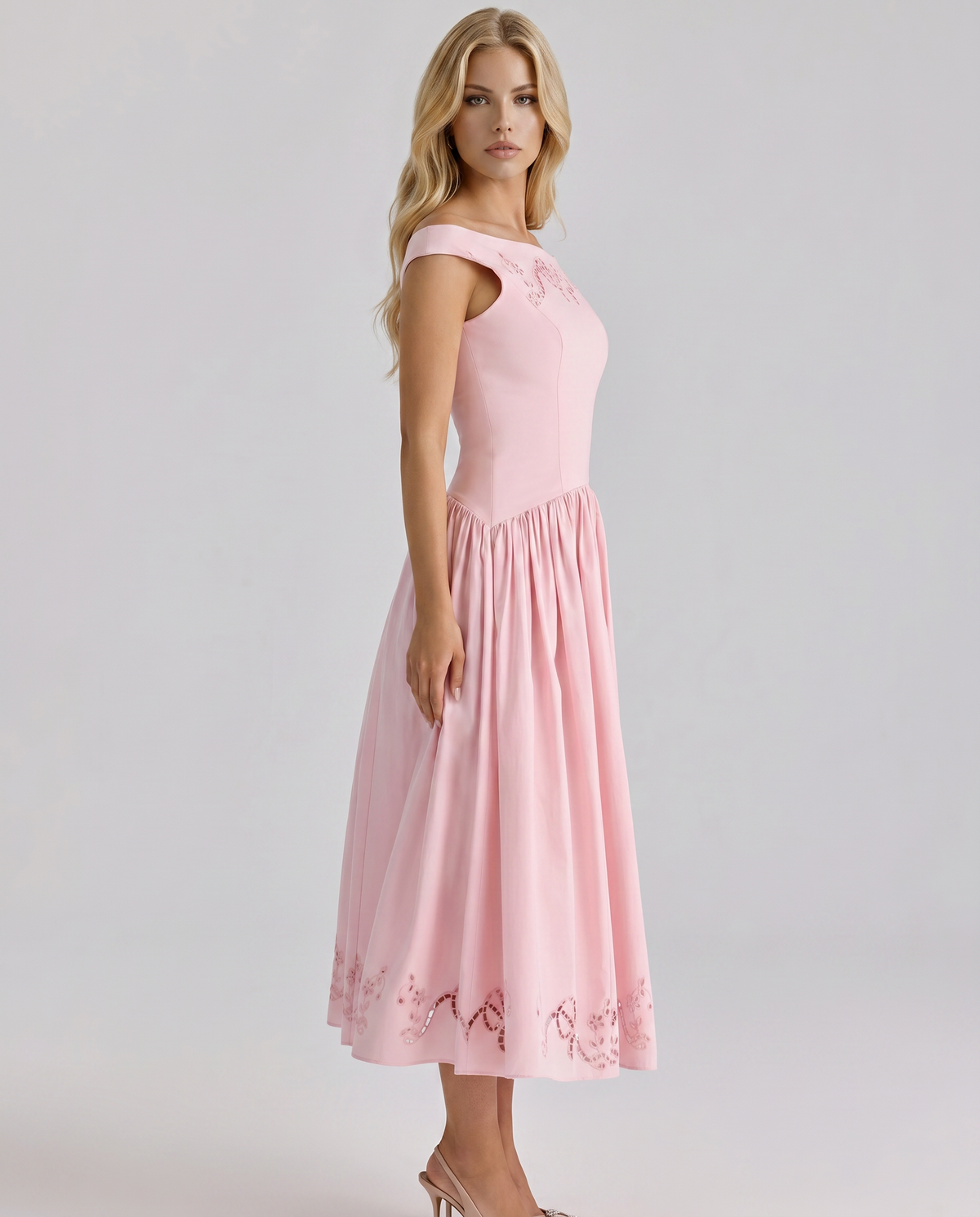 Orla Embroidered Boat Midi Dress - Pink