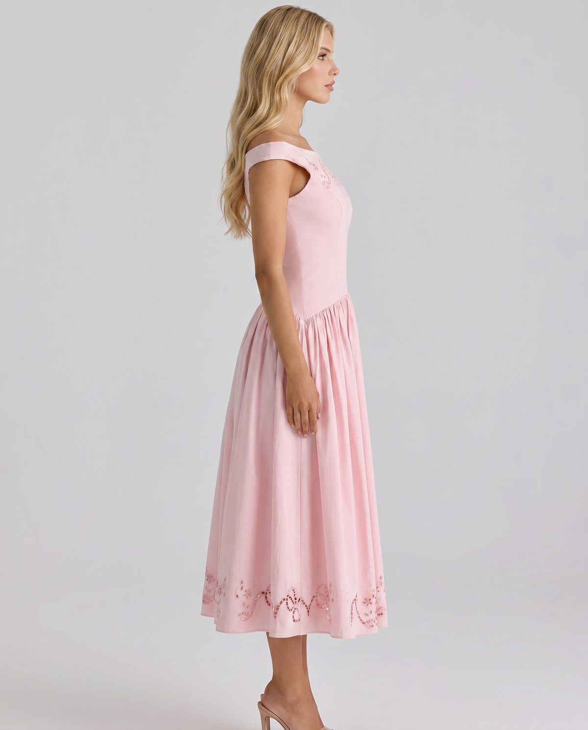 Orla Embroidered Boat Midi Dress - Pink
