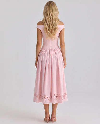 Orla Embroidered Boat Midi Dress - Pink