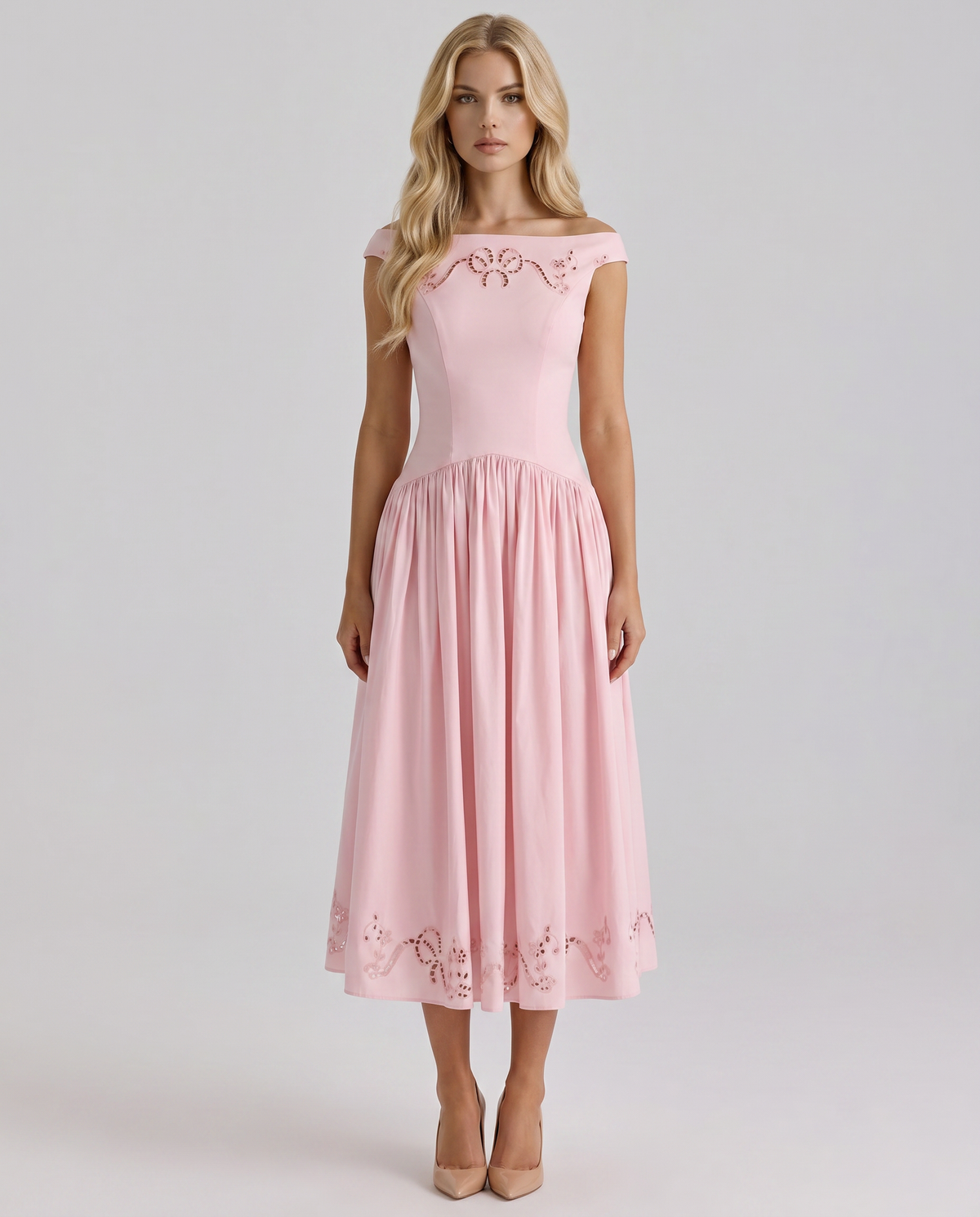 Orla Embroidered Boat Midi Dress - Pink