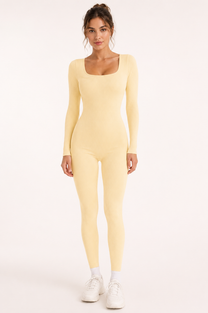 Orlena Square Neck Ribbed Jumpsuit - Butter Yellow