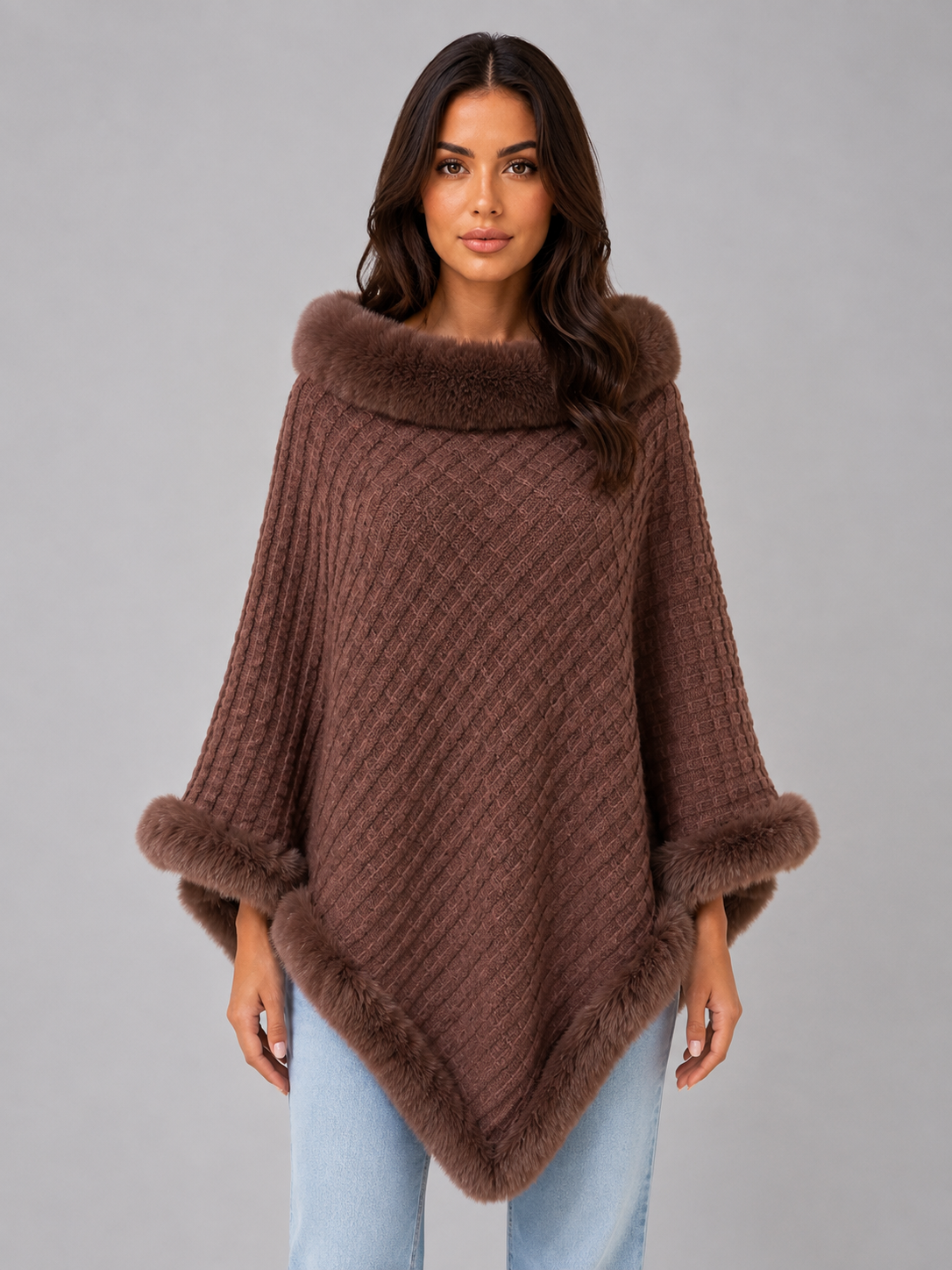 Ottavia Faux Fur Trim Knit Poncho - Brown