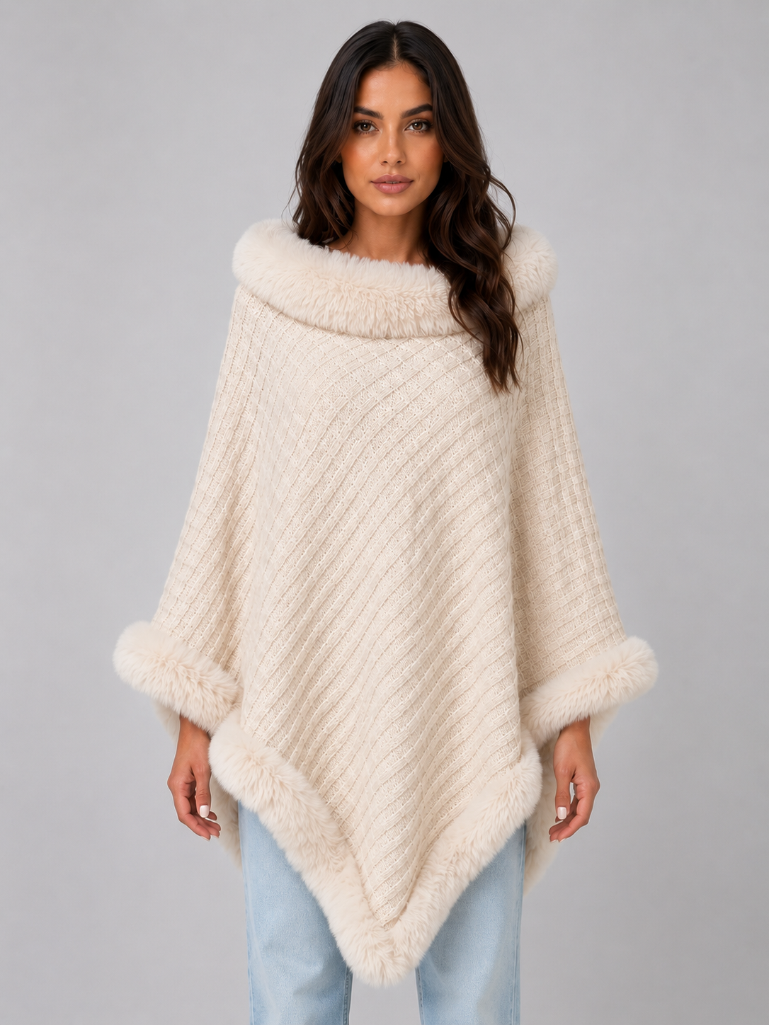 Ottavia Faux Fur Trim Knit Poncho - Cream