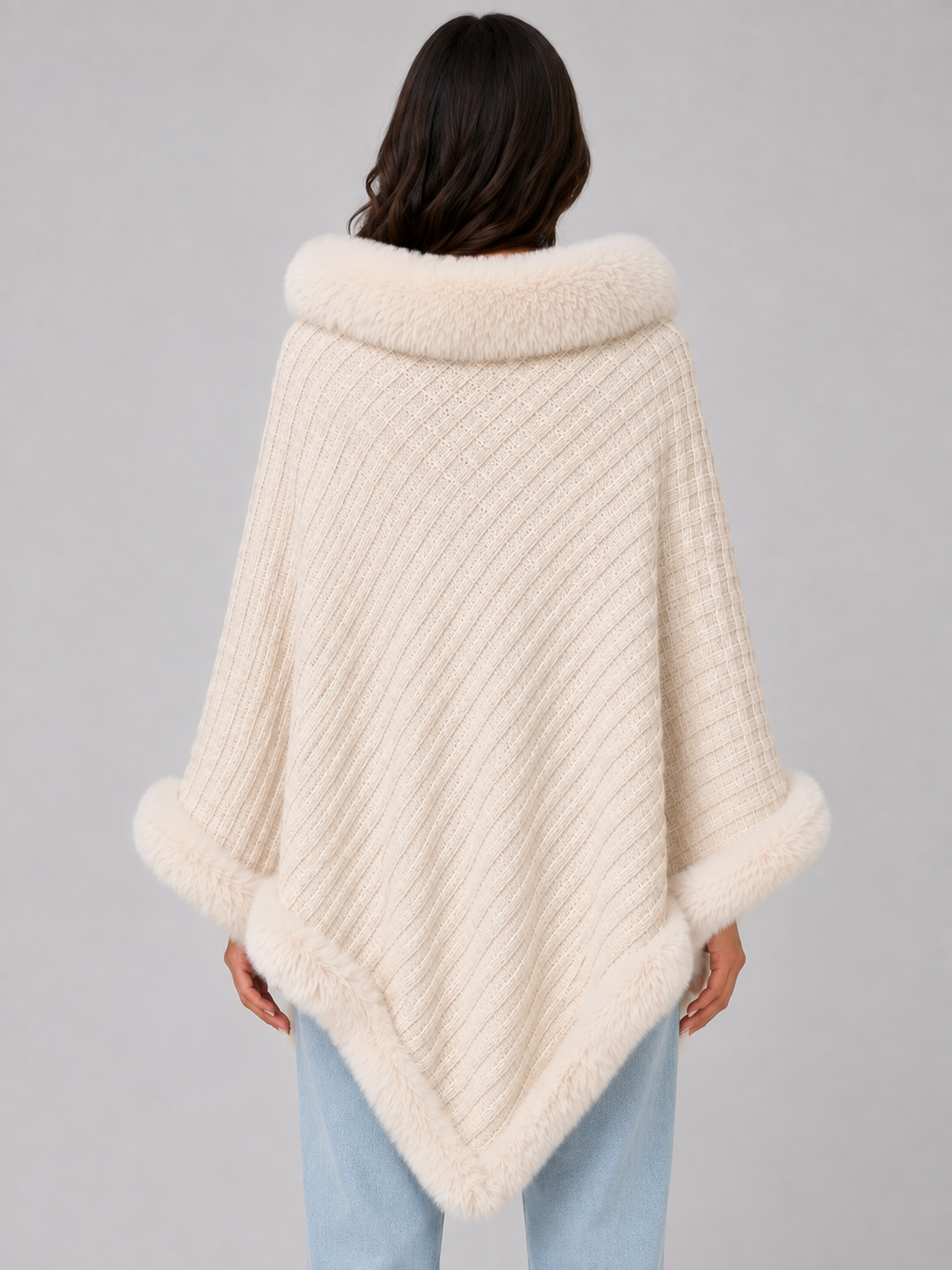 Ottavia Faux Fur Trim Knit Poncho - Cream