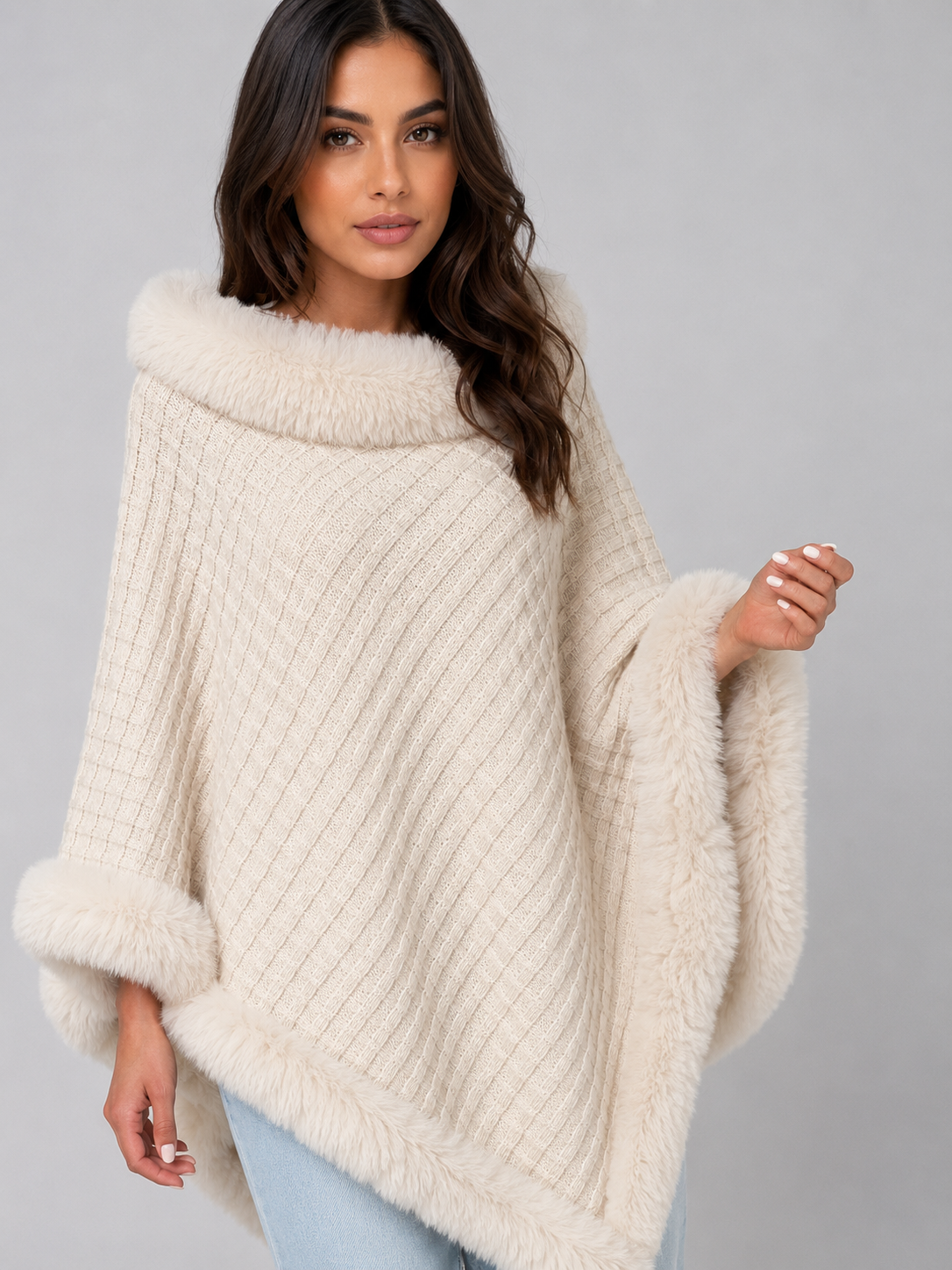 Ottavia Faux Fur Trim Knit Poncho - Cream