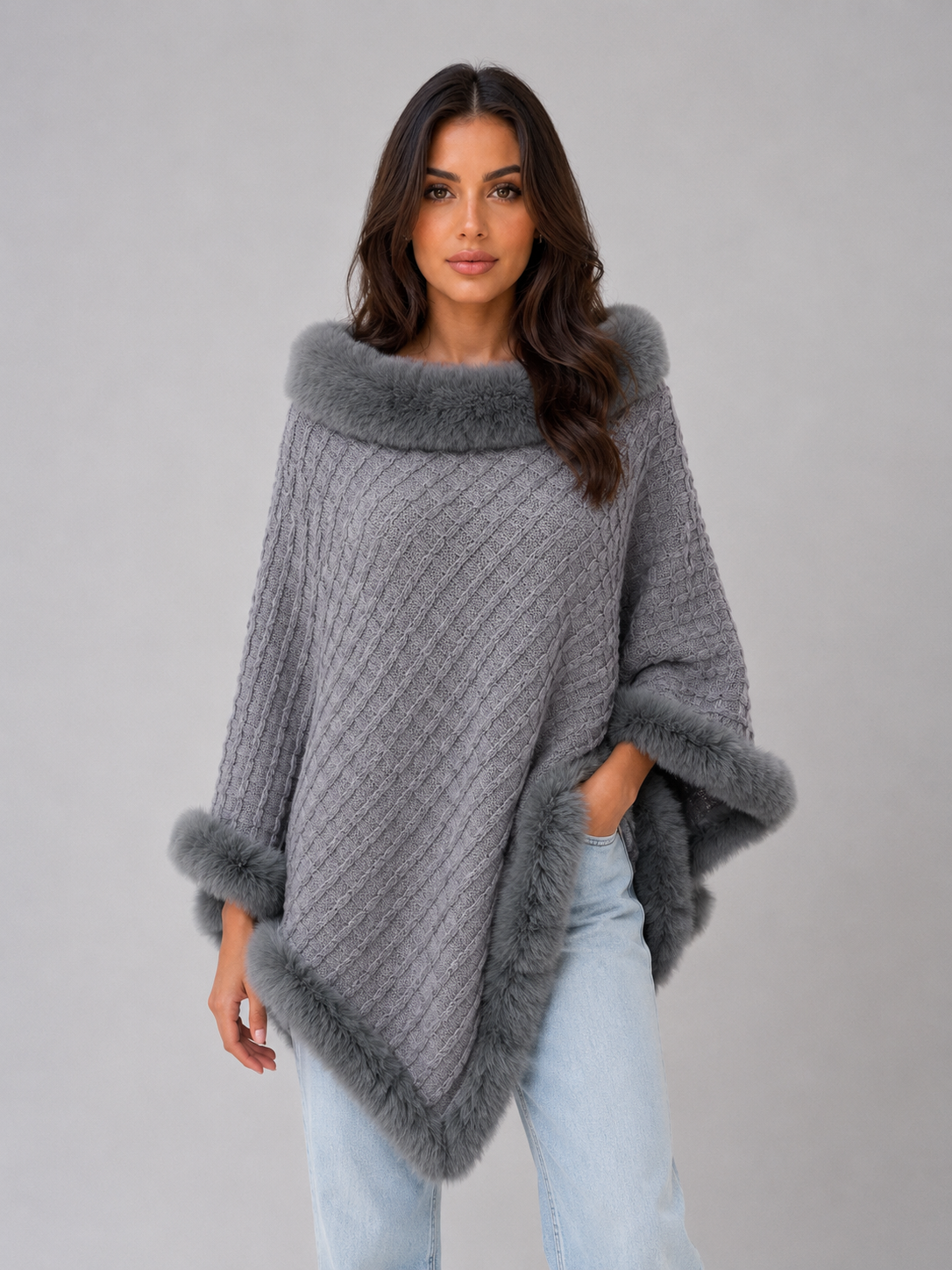 Ottavia Faux Fur Trim Knit Poncho - Gray