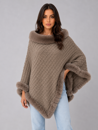 Ottavia Faux Fur Trim Knit Poncho - Khaki