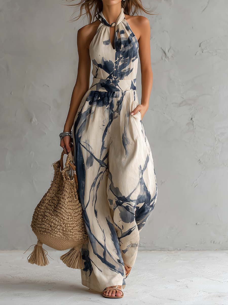 Oxana Halter Neck Wide Leg Jumpsuit - Ivory and Navy Print