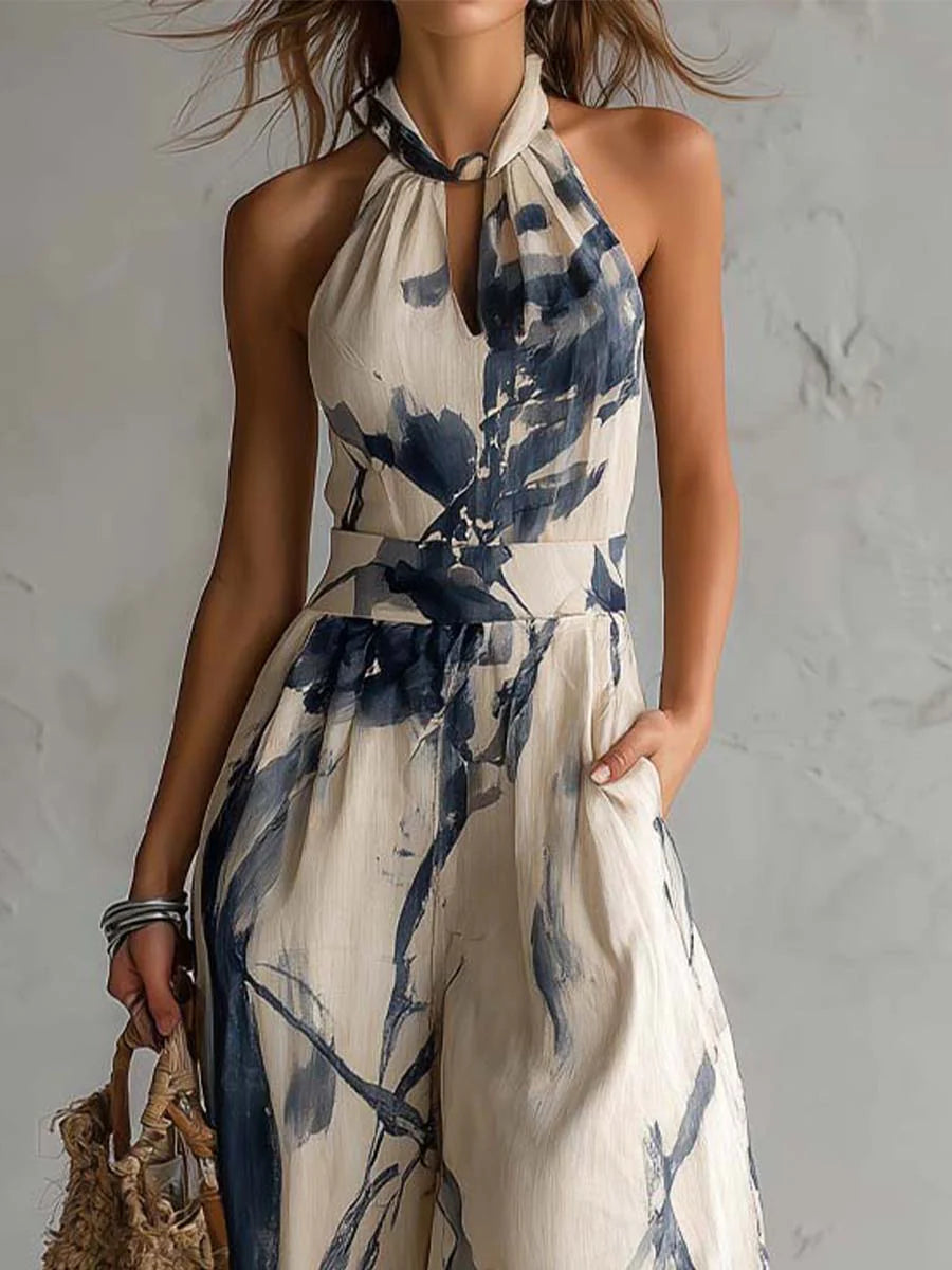 Oxana Halter Neck Wide Leg Jumpsuit - Ivory and Navy Print