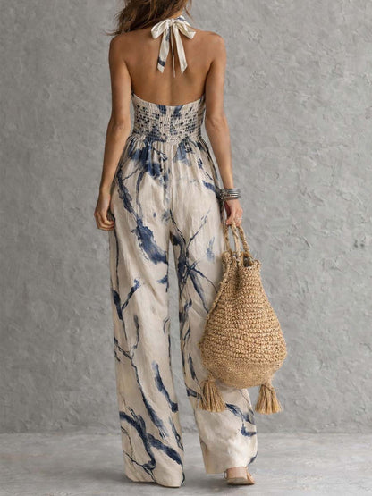 Oxana Halter Neck Wide Leg Jumpsuit - Ivory and Navy Print