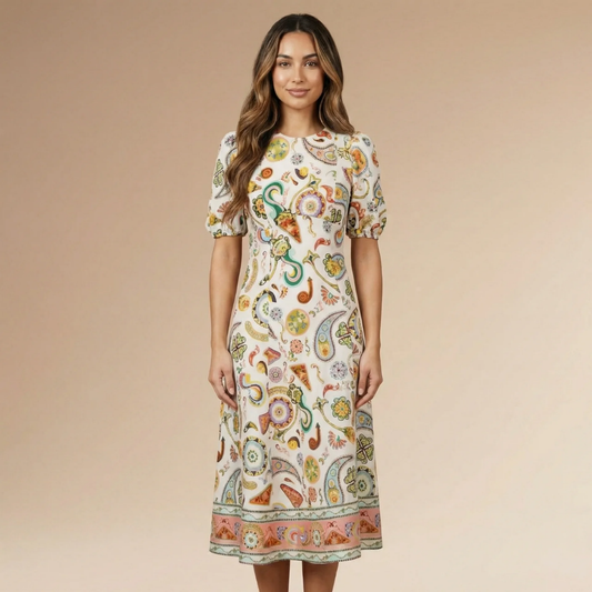 Cream multicolor paisley midi dress with puffed short sleeves and ornamental border hem for women