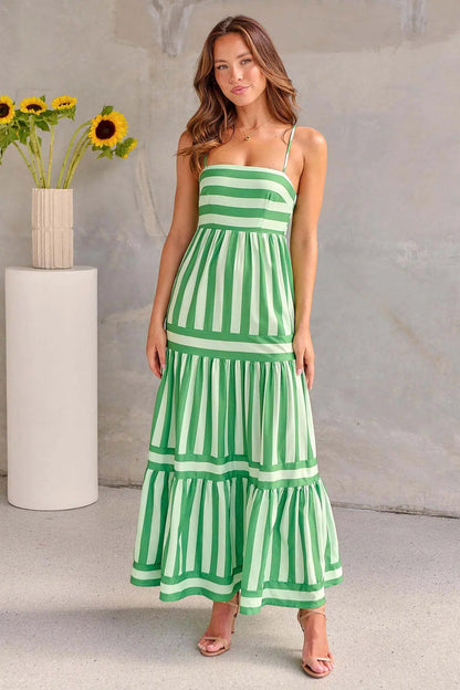 Green striped maxi dress with spaghetti straps and tiered pleated skirt for women
