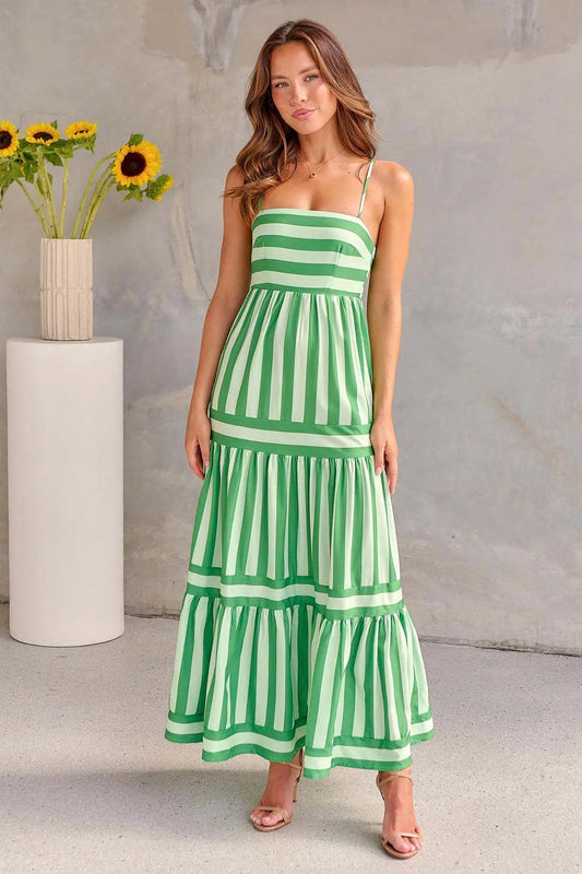 Green striped maxi dress with spaghetti straps and tiered pleated skirt for women