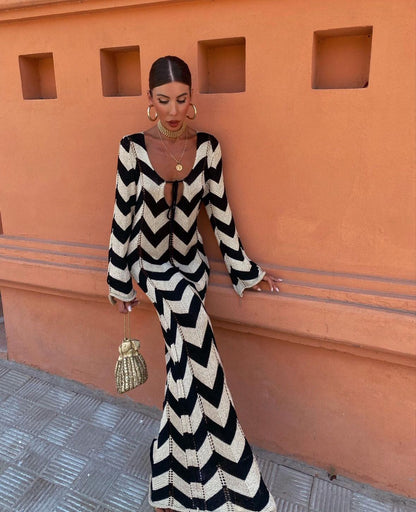 Pamina Chevron V-Neck Maxi Dress - Black and Ivory Chevron
