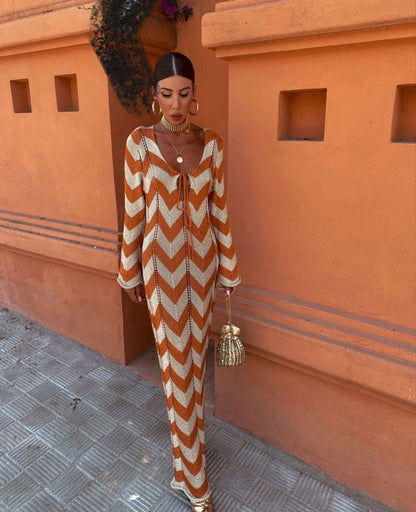 Pamina Chevron V-Neck Maxi Dress - Rust and Ivory Chevron
