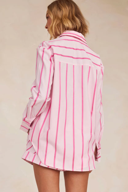 Rear detail of pink and white striped shirt with vertical and horizontal lines