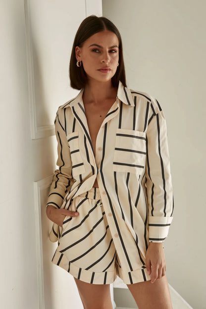 Cream and black striped shirt with button front and matching pleated shorts