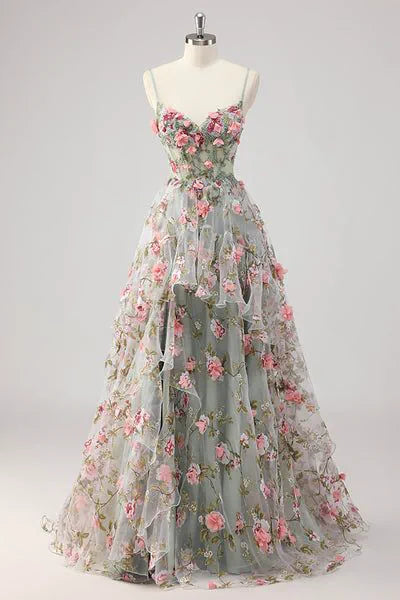 Peony 3D Floral Corset Gown - Sage Floral