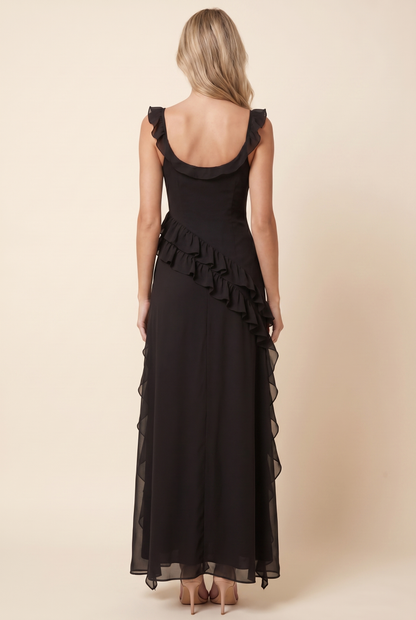 Peronne Ruffle High-Slit Maxi Dress - Black