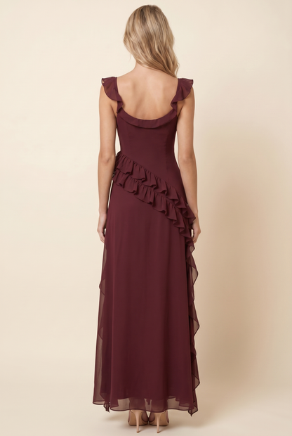 Peronne Ruffle High-Slit Maxi Dress - Burgundy