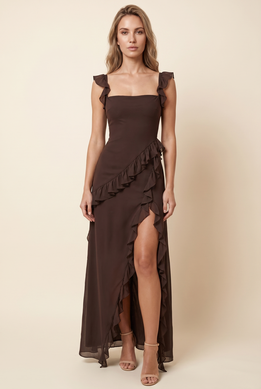 Peronne Ruffle High-Slit Maxi Dress - Chocolate Brown