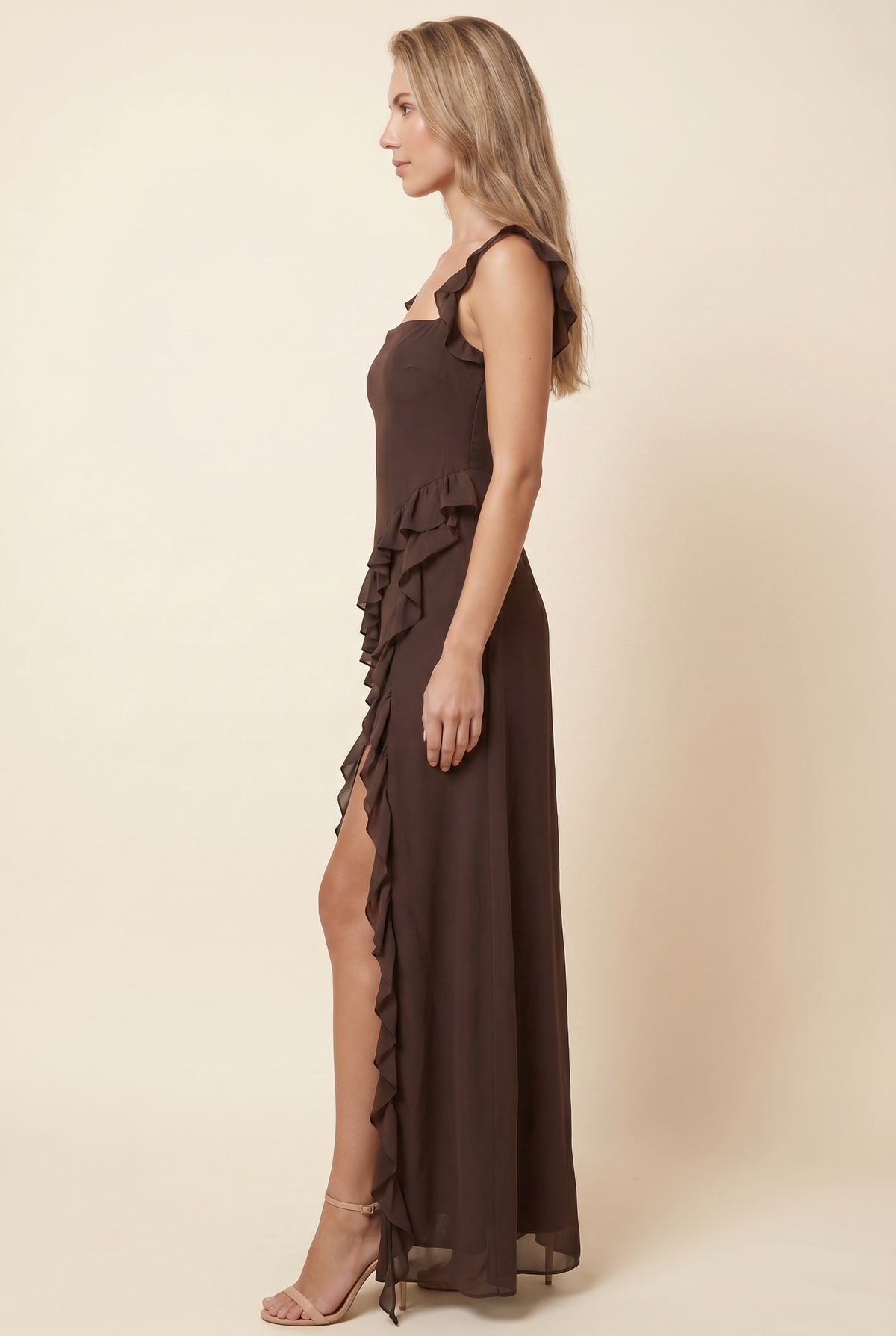 Peronne Ruffle High-Slit Maxi Dress - Chocolate Brown