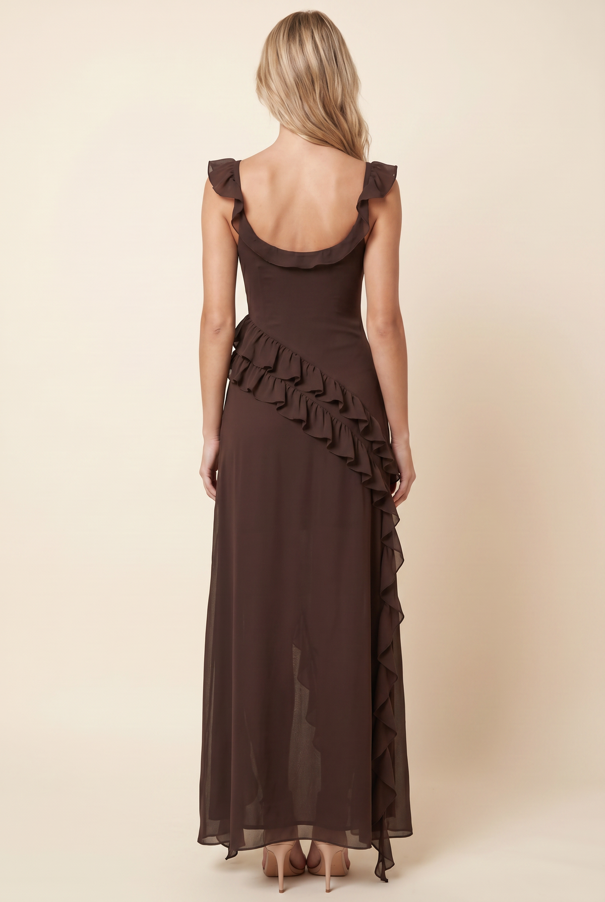 Peronne Ruffle High-Slit Maxi Dress - Chocolate Brown
