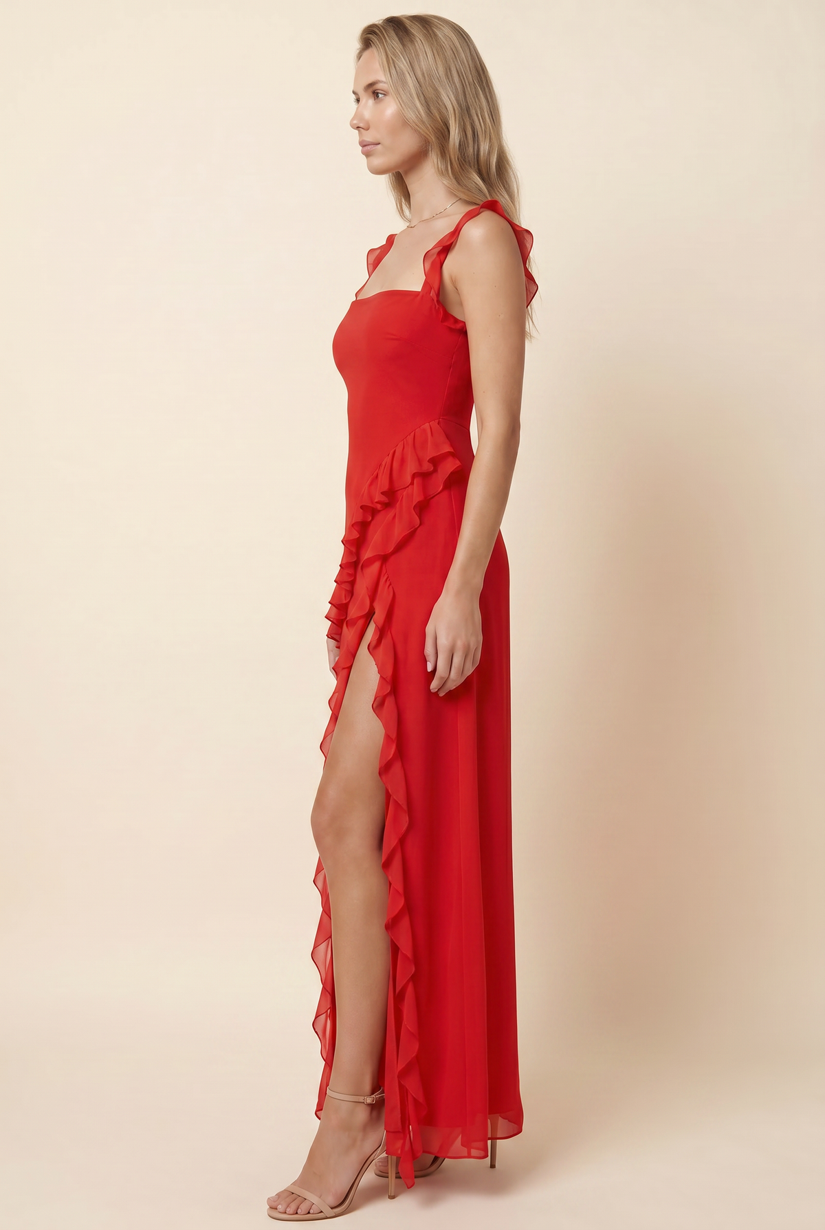 Peronne Ruffle High-Slit Maxi Dress - Red