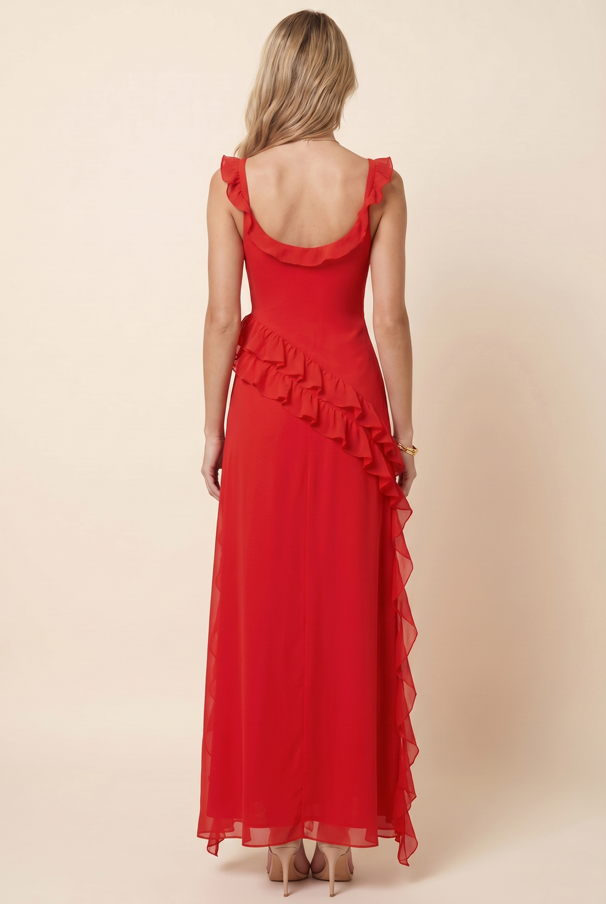 Peronne Ruffle High-Slit Maxi Dress - Red