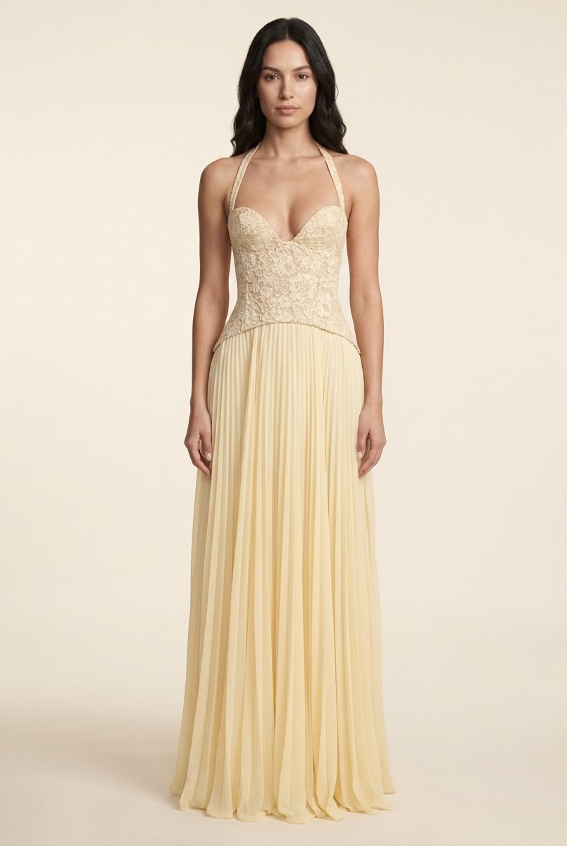 Petunia Halter Lace-Up Maxi Dress - Butter Yellow