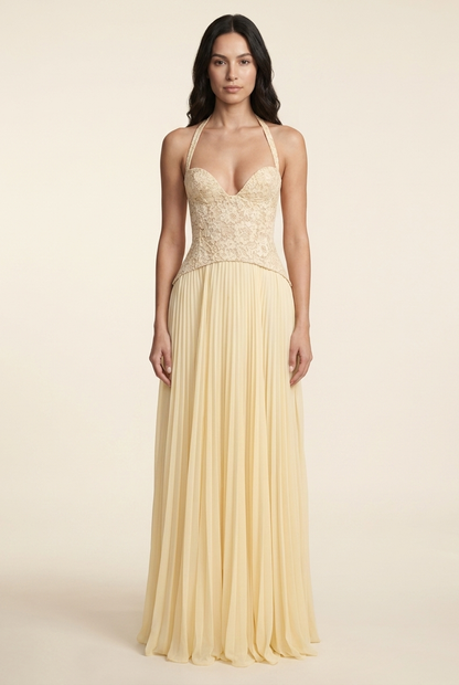 Petunia Halter Lace-Up Maxi Dress - Butter Yellow