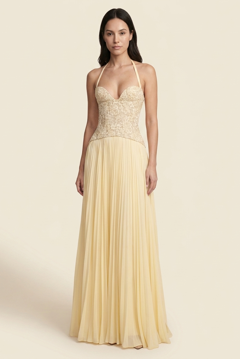 Petunia Halter Lace-Up Maxi Dress - Butter Yellow