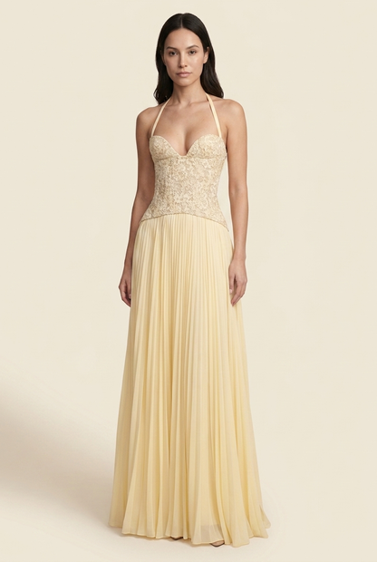 Petunia Halter Lace-Up Maxi Dress - Butter Yellow