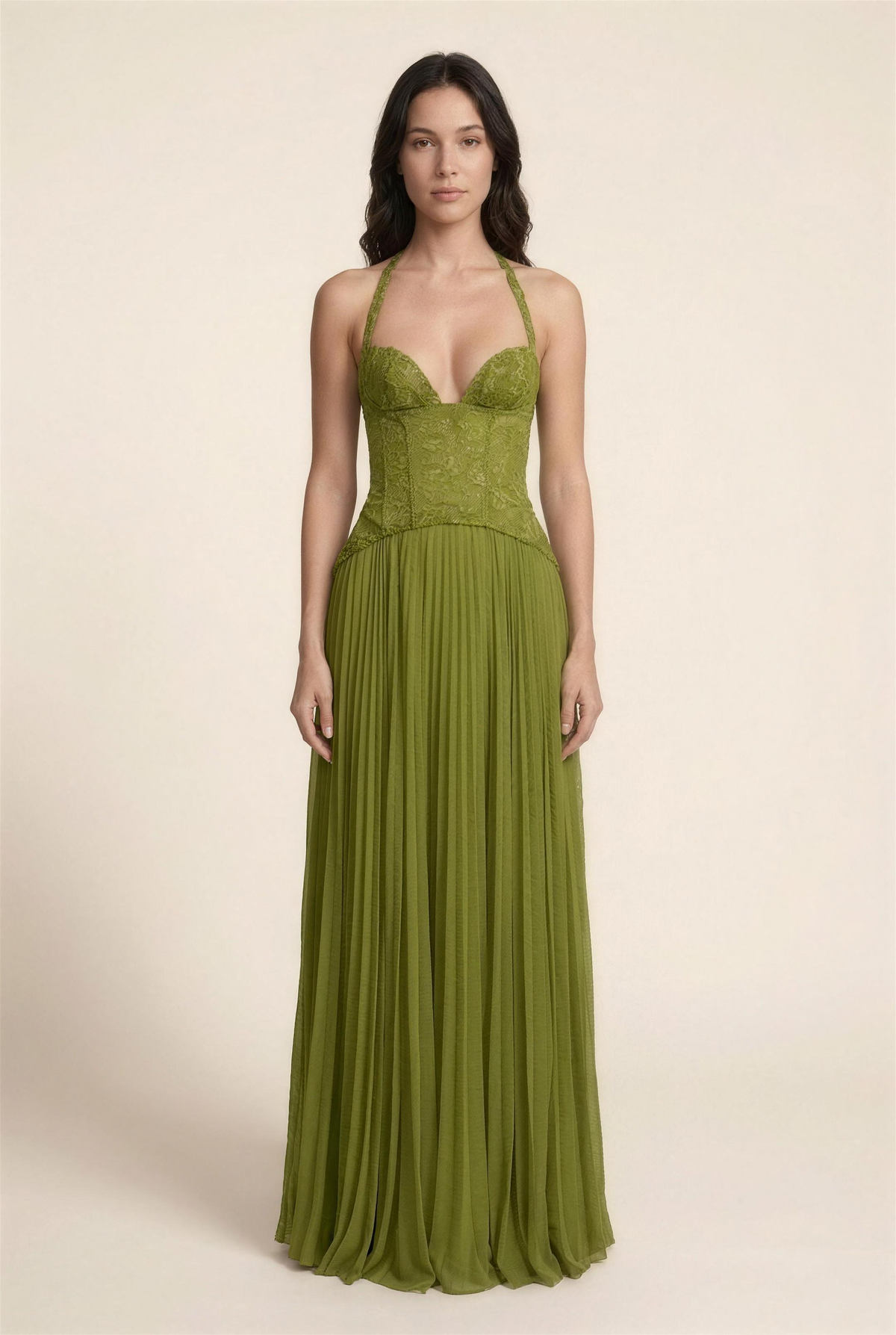 Petunia Halter Lace-Up Maxi Dress - Olive Green