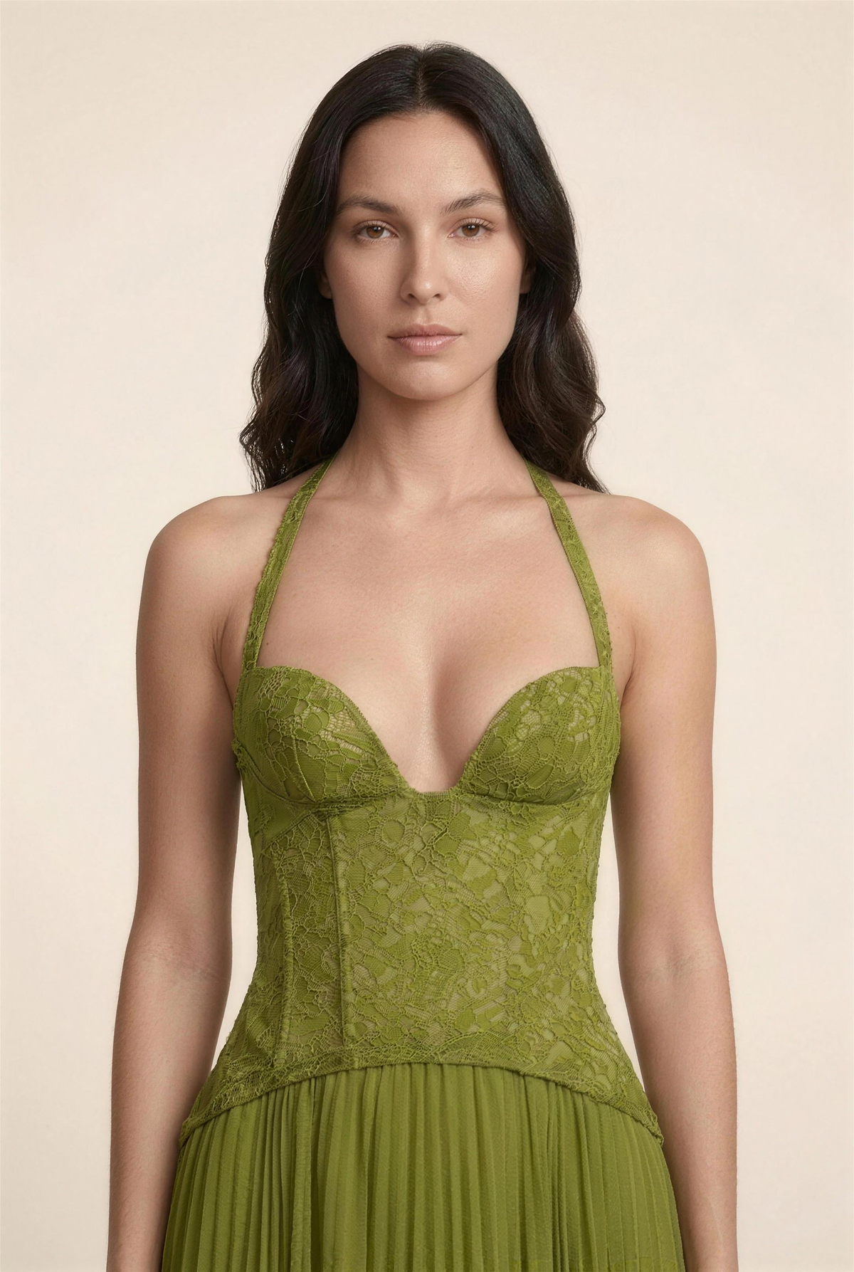 Petunia Halter Lace-Up Maxi Dress - Olive Green