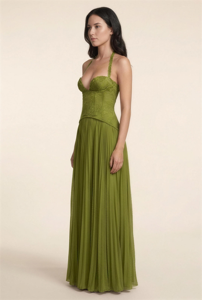 Petunia Halter Lace-Up Maxi Dress - Olive Green