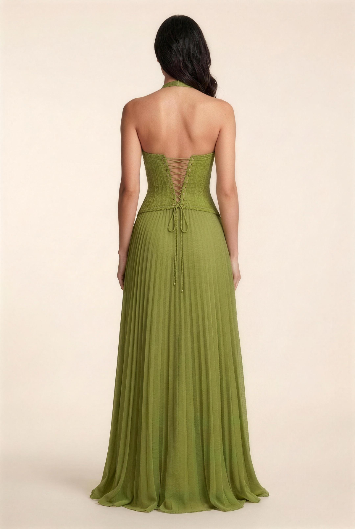 Petunia Halter Lace-Up Maxi Dress - Olive Green