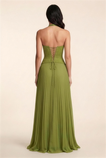 Petunia Halter Lace-Up Maxi Dress - Olive Green
