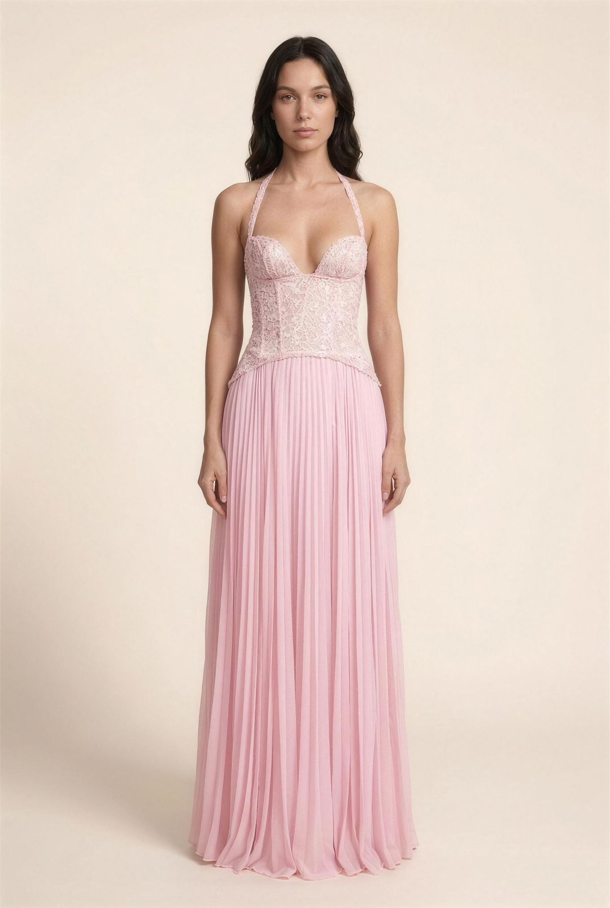 Petunia Halter Lace-Up Maxi Dress - Pink