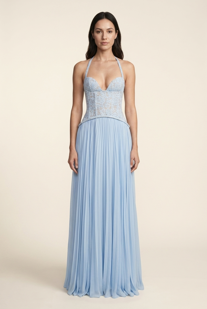 Petunia Halter Lace-Up Maxi Dress - Powder Blue