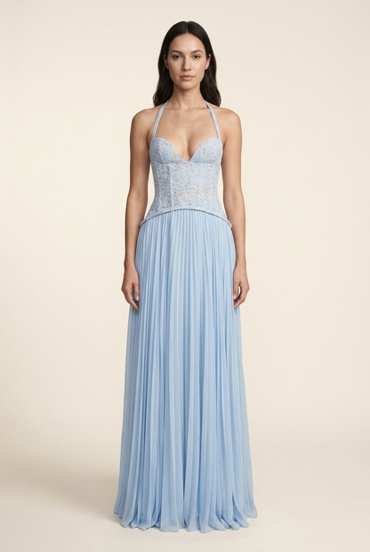 Petunia Halter Lace-Up Maxi Dress - Powder Blue