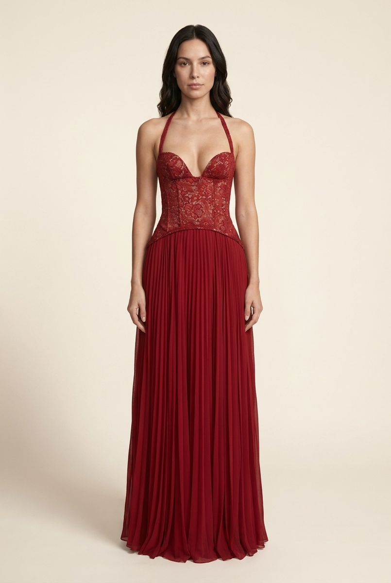 Petunia Halter Lace-Up Maxi Dress - Red