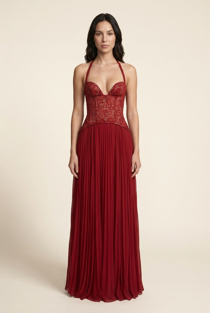 Petunia Halter Lace-Up Maxi Dress - Red