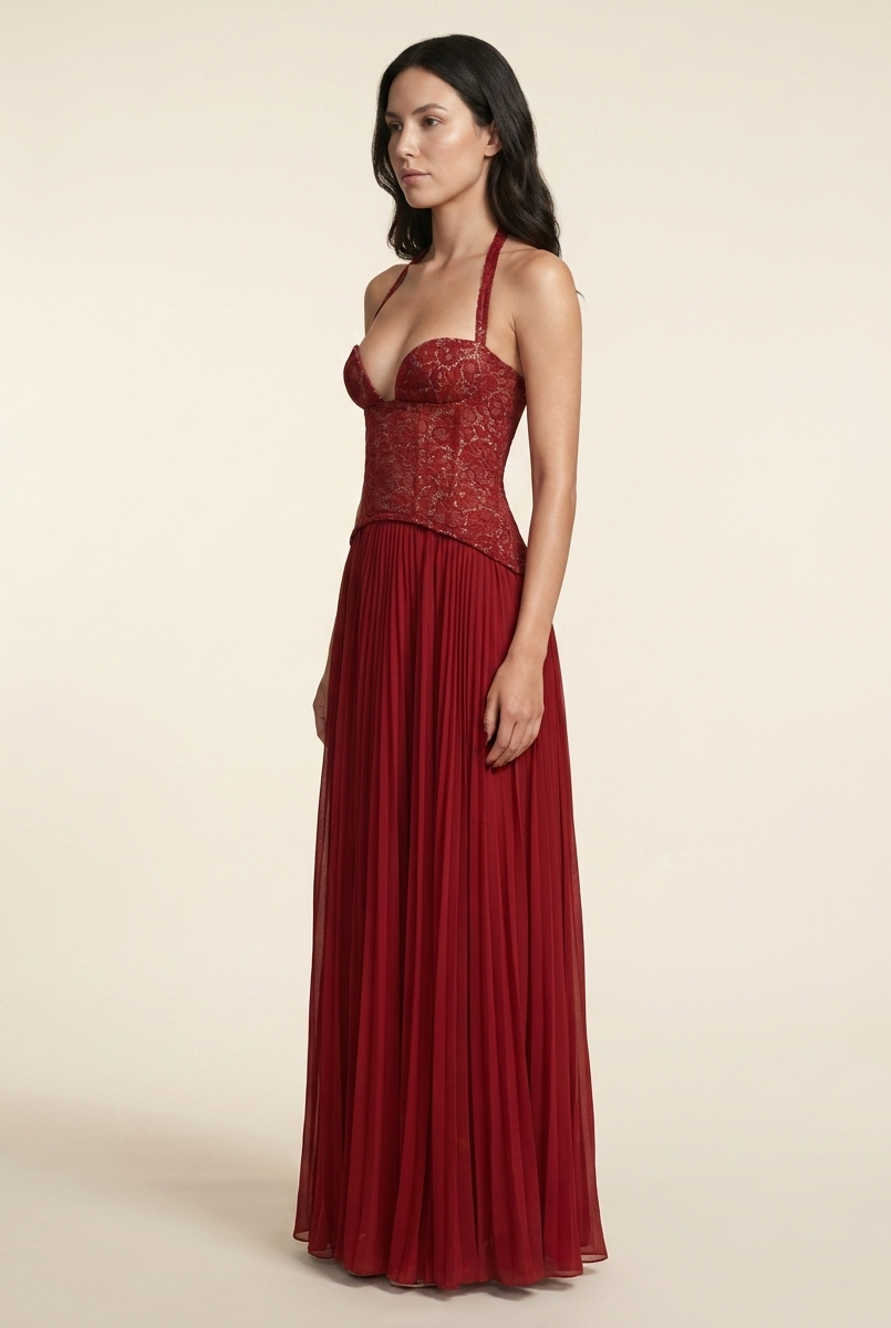 Petunia Halter Lace-Up Maxi Dress - Red