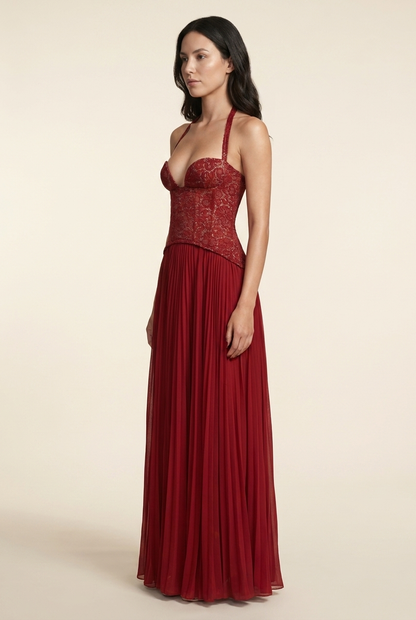 Petunia Halter Lace-Up Maxi Dress - Red