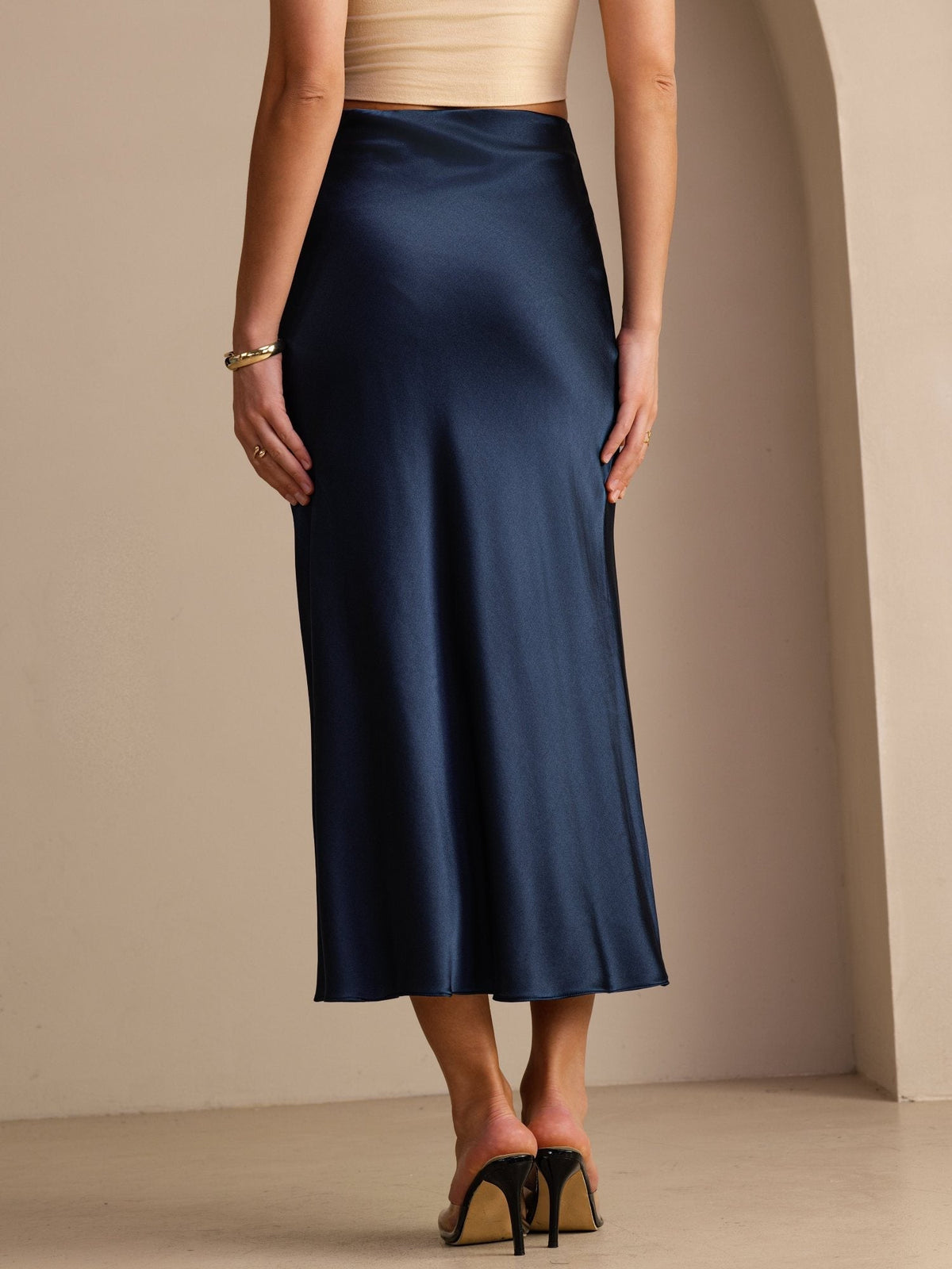 Polina High Waist Satin Maxi Skirt - Navy