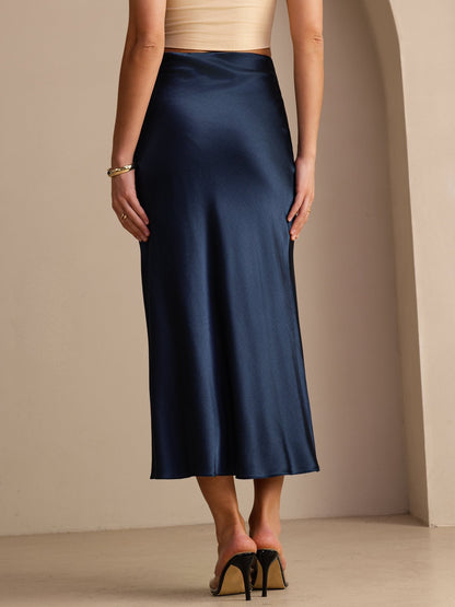 Polina High Waist Satin Maxi Skirt - Navy