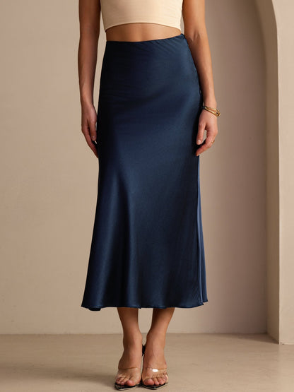 Polina High Waist Satin Maxi Skirt - Navy