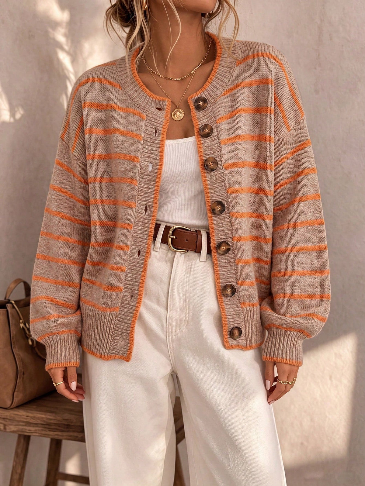 Prunella Striped Button Front Cardigan - Beige and Orange Stripe